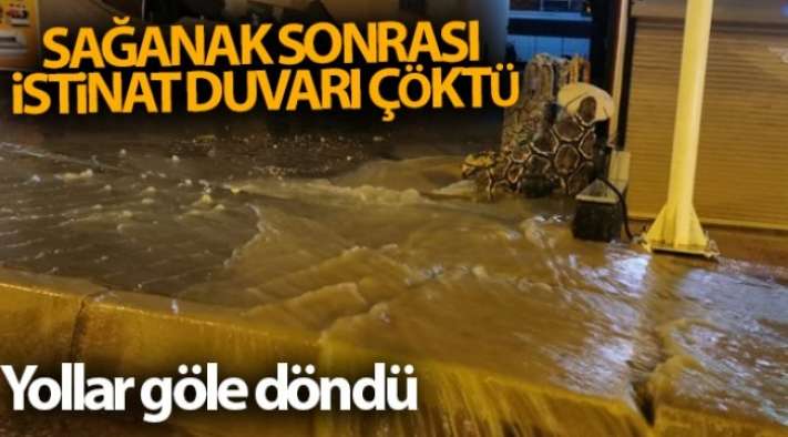 Kuşadası'nda sağanak sonrası istinat duvarı çöktü, yollar göle döndü