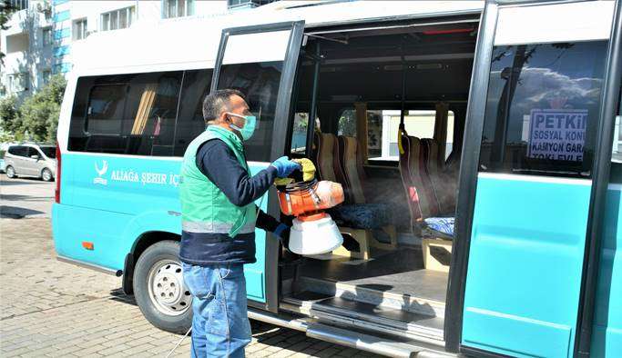 Aliağa Belediyesi Hijyen çalışmalarına ara vermiyor ortak kullanım alanları Dezenfekte ediliyor